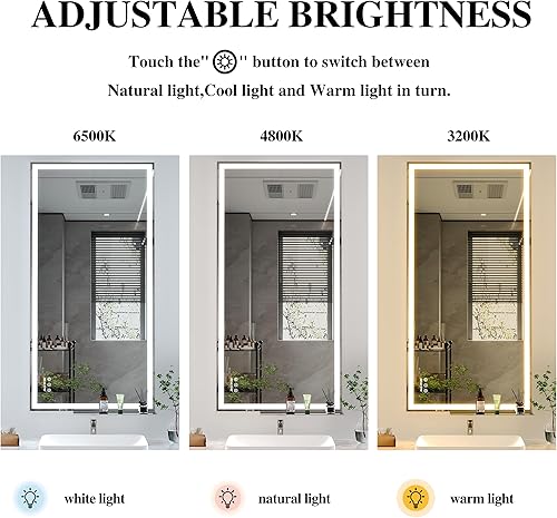 Miniatura 4 de BEAUTME Espejo de baño LED de 48 x 24 pulgadas, espejo de baño iluminado con luces, luces de 3 colores ajustables, montado en la pared, antiniebla,