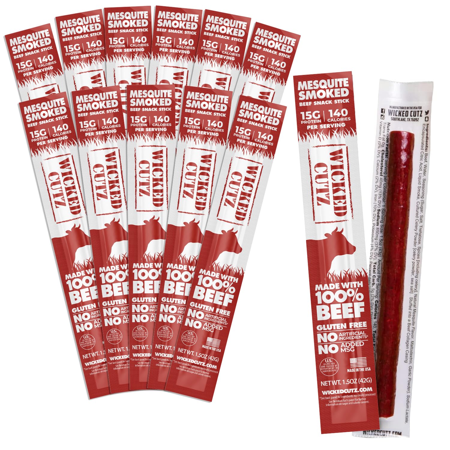 Smoked Mesquite Beef Sticks, 15g Protein Per Beef Stick, Tender & Juicy Extra Large Meat Stick, USA Made High Protein Meat Sticks, Carnivore Snacks (12 Pack)