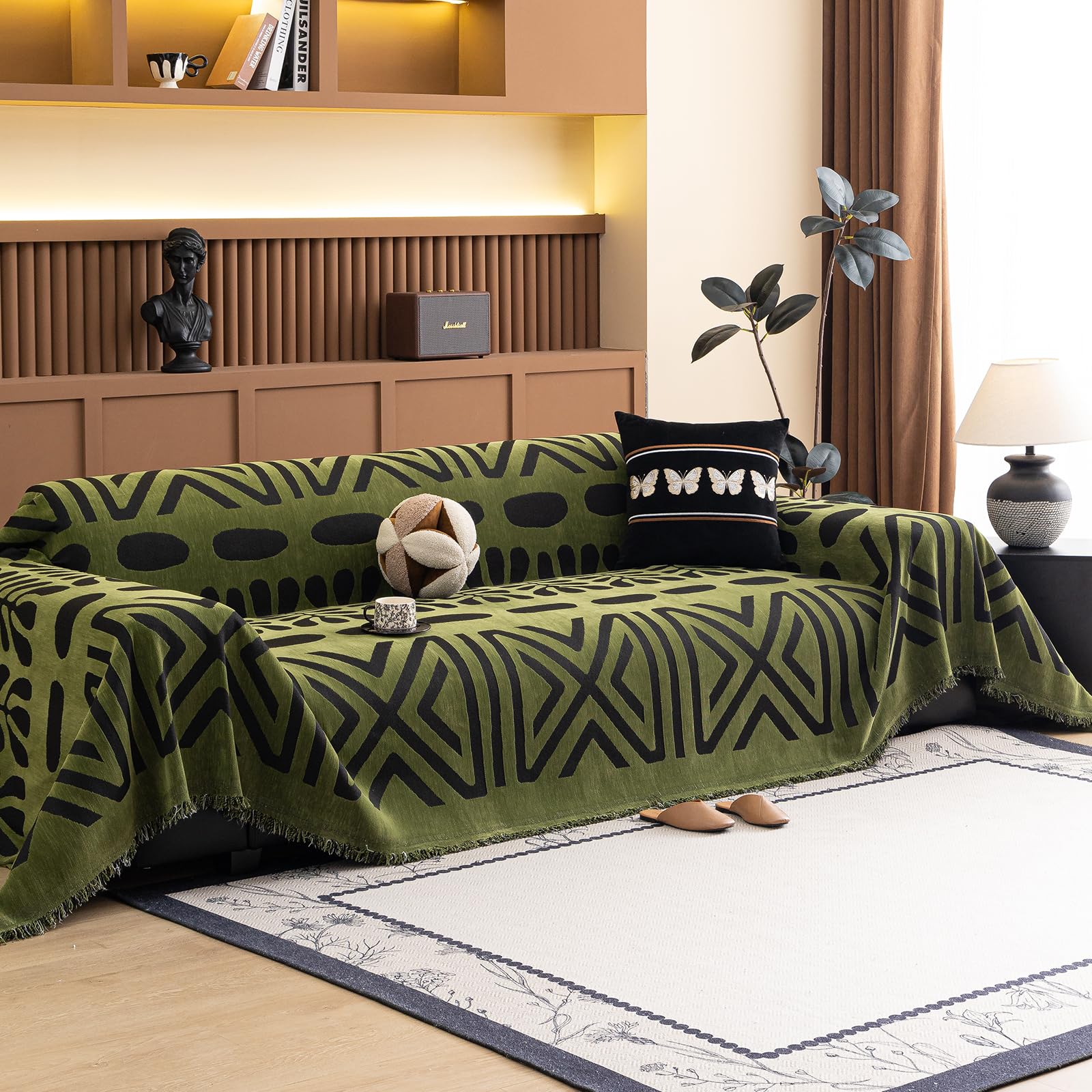DREAMINGO Chenille Couch Covers for Sofa Thick Soft Furniture Protector Slipcovers for 3 Seat Sectional Couch Geometric Jacquard Boho Sofa Covers Washable for Pets Kids,71"x134", Green — image 1