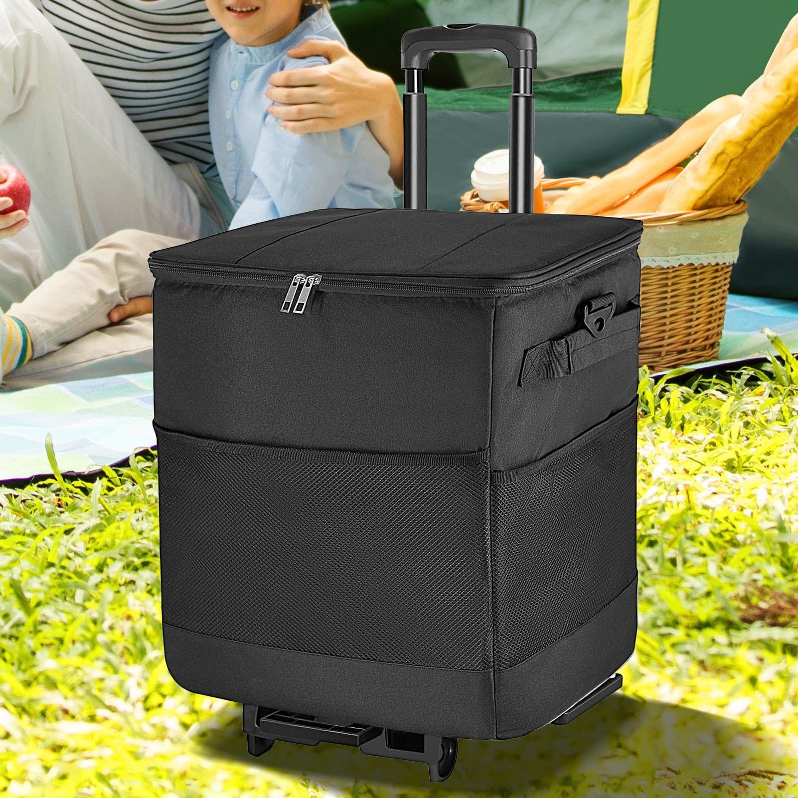 Borsa termica termica da 35 litri con fodera in alluminio, carrello portatile con ruote per viaggi, pesca, pranzo, picnic, feste, spiaggia, campeggio, patio, attività all'aperto