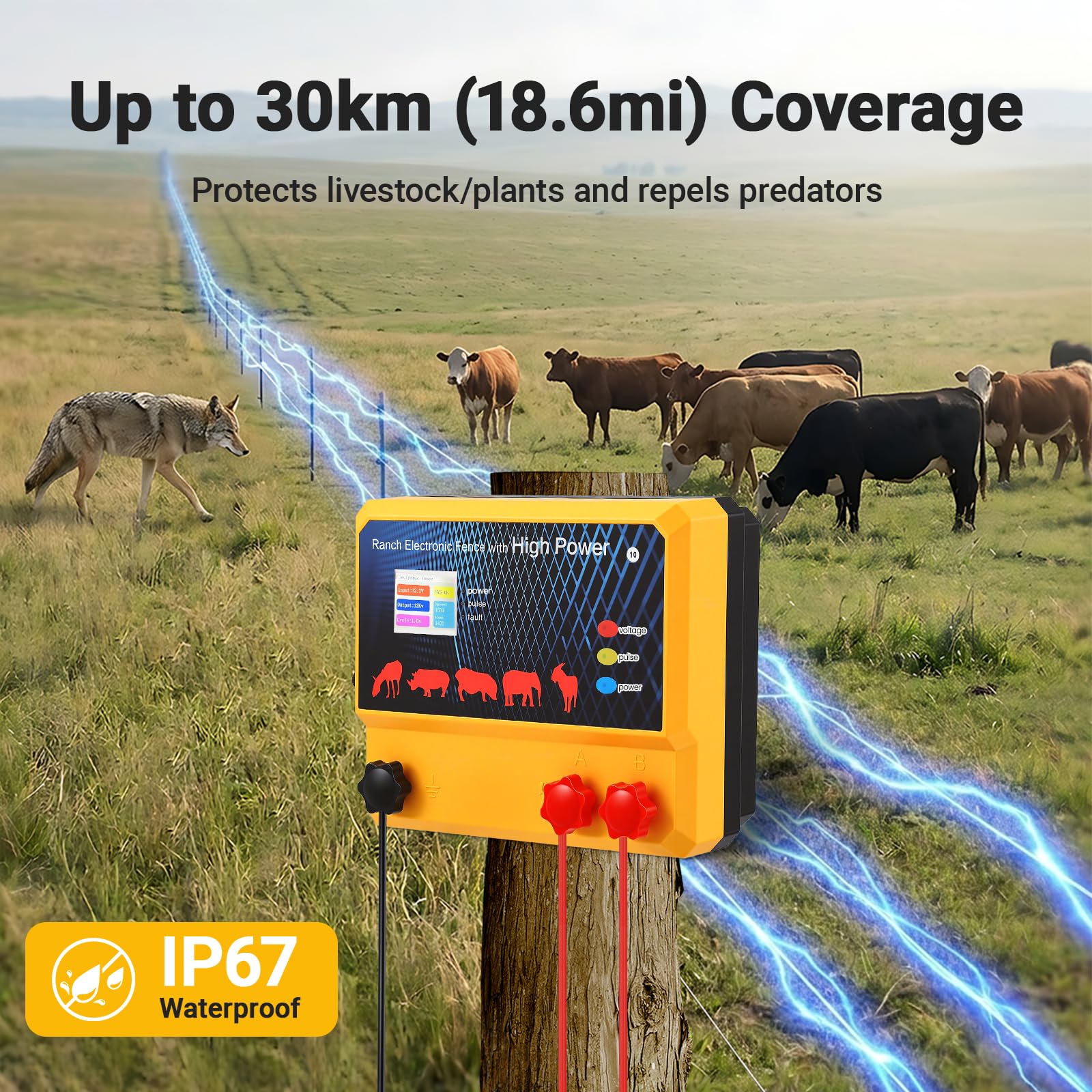 Valla eléctrica de 8-15 kV, potencia de 4 J, 30 km de alcance, 230 V/12 V de energía solar, IP67, alarma inteligente, valla eléctrica para animales de granja y defensa de depredadores