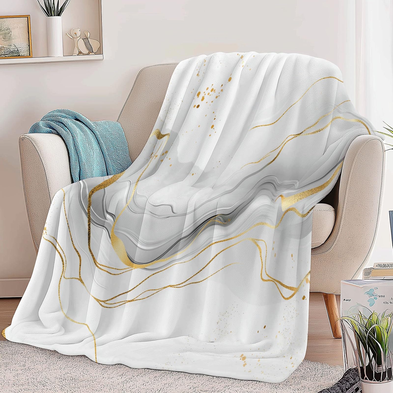 Flanelowy koc 180 x 220 cm Tekstura Złote linie Marmur Puszysty kolor Ciepły koc polarowy z mikrofibry, lekkie białe koce na cały sezon do podróży Łóżko Sofa