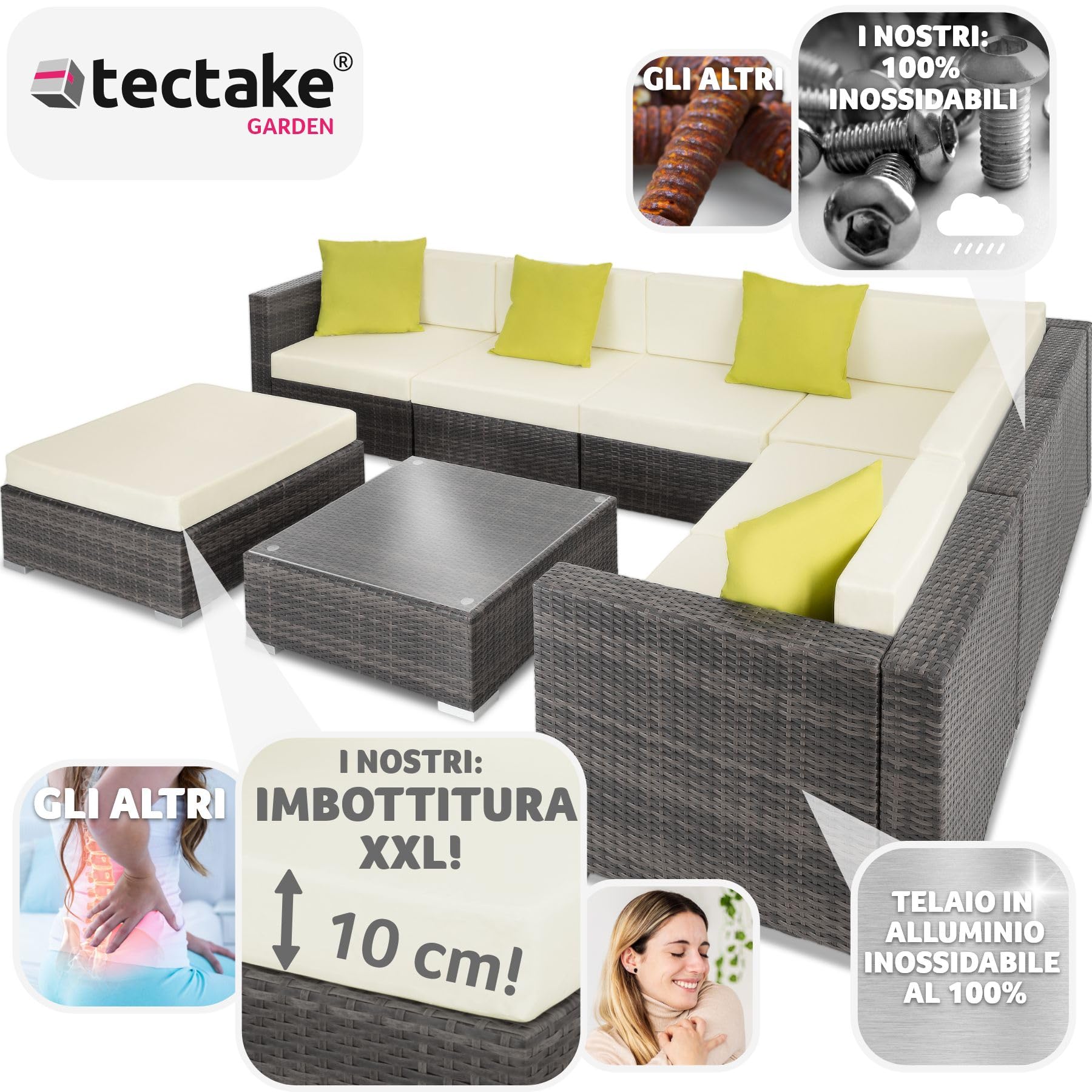 tectake® Set Lounge da Giardino Marbella in Polyrattan, Telaio in Alluminio, Tavolino Salotto con Ripiano in Vetro, Comode Poltrone, Cuscini Accessori Inclusi - Grigio