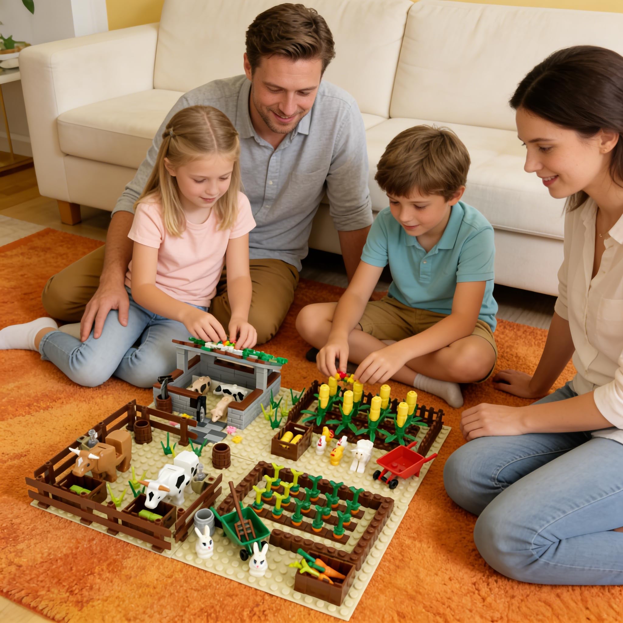 Set di mattoncini da costruzione 4 in 1, stalla, porcile, campo di mais e aiuola, giocattolo da costruzione per bambini dai 6 anni, giocattolo educativo con animali, piante e accessori