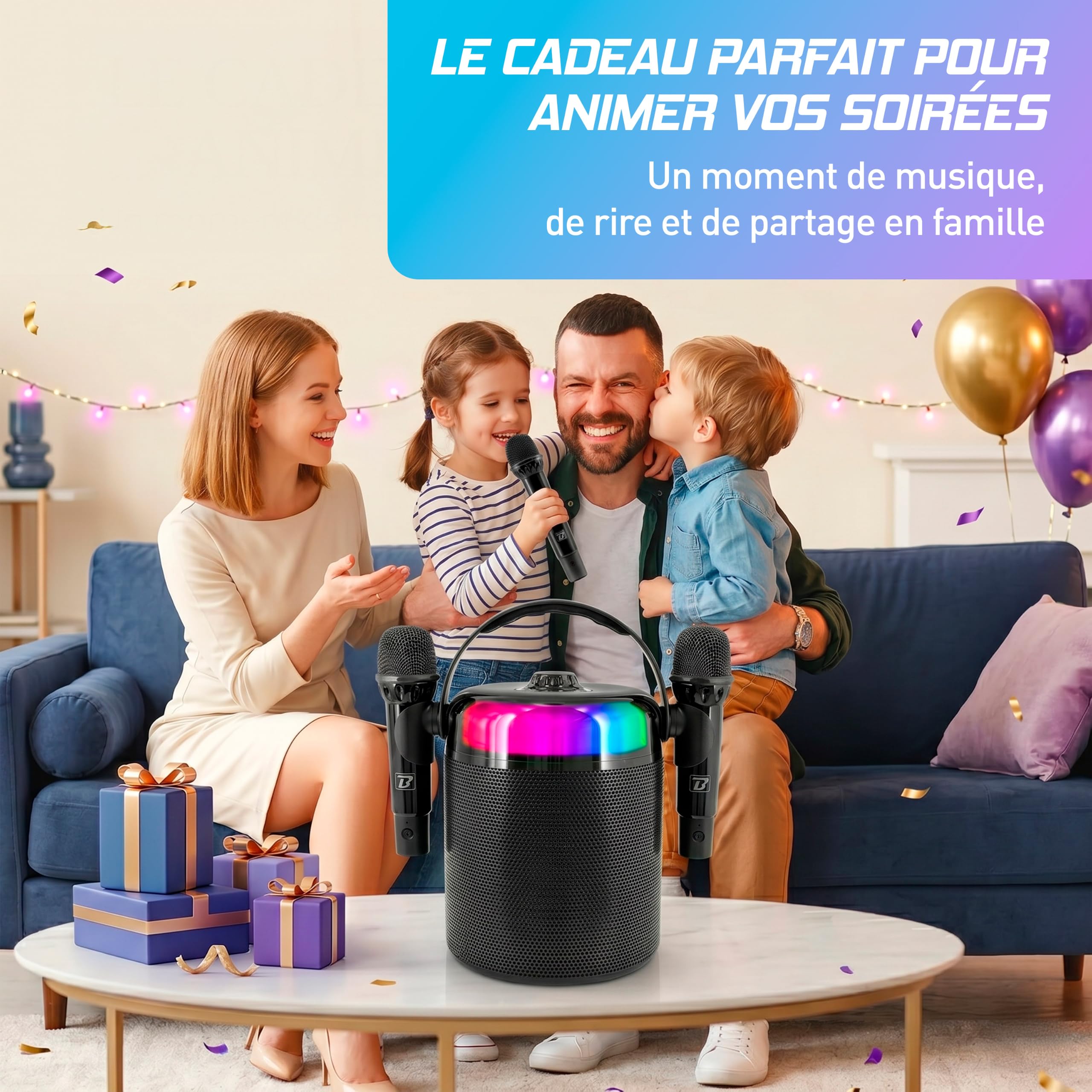 BoomTone DJ Star Voice – Enceinte Karaoké Bluetooth Portable avec 2 Micros sans Fil, LEDs RGB et Changeur de Voix, Karaoké Enfant & Adulte pour Soirées et Anniversaires