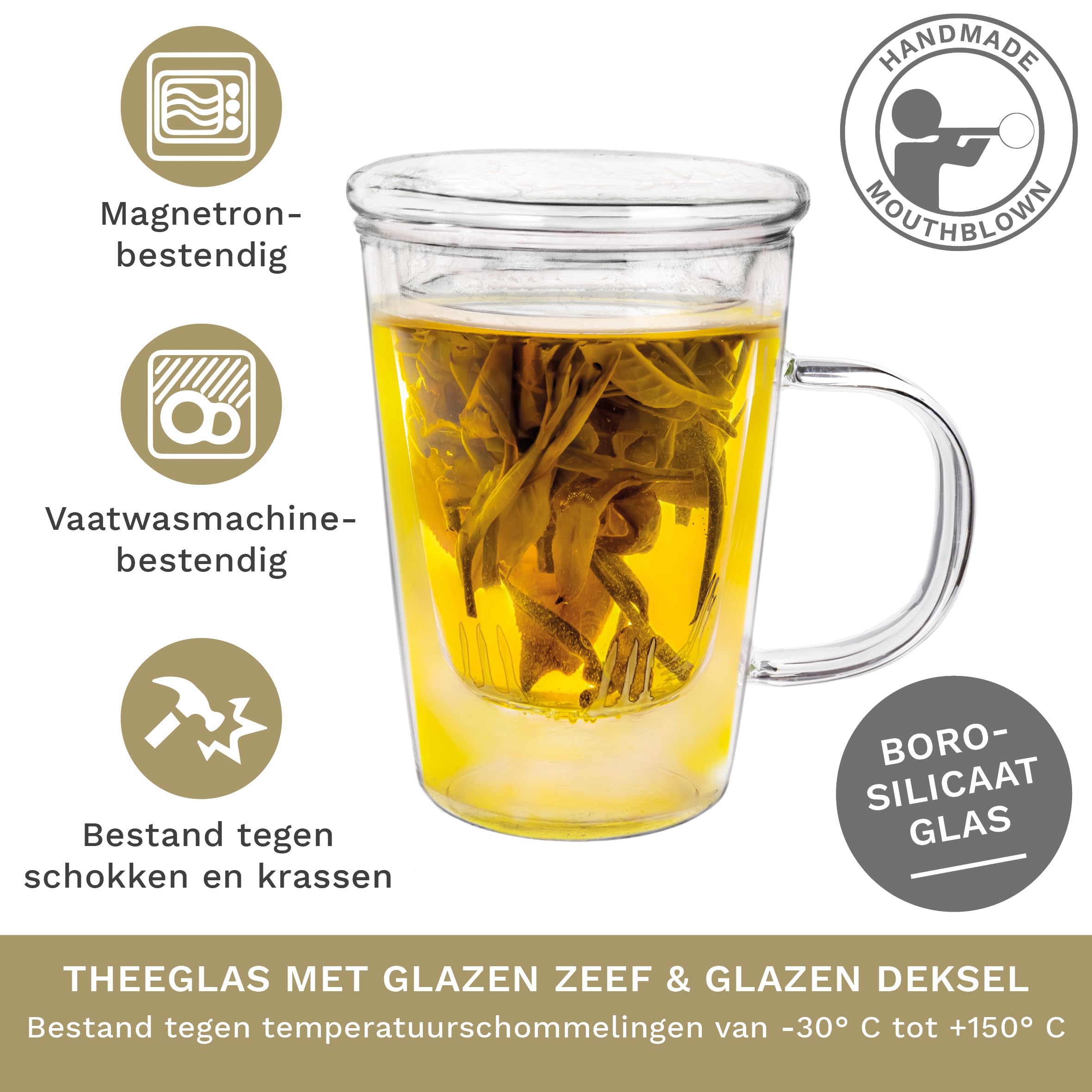 Creano Theeglas 450 ml - grote theekop met zeef en deksel van glas - een ideale theemaker