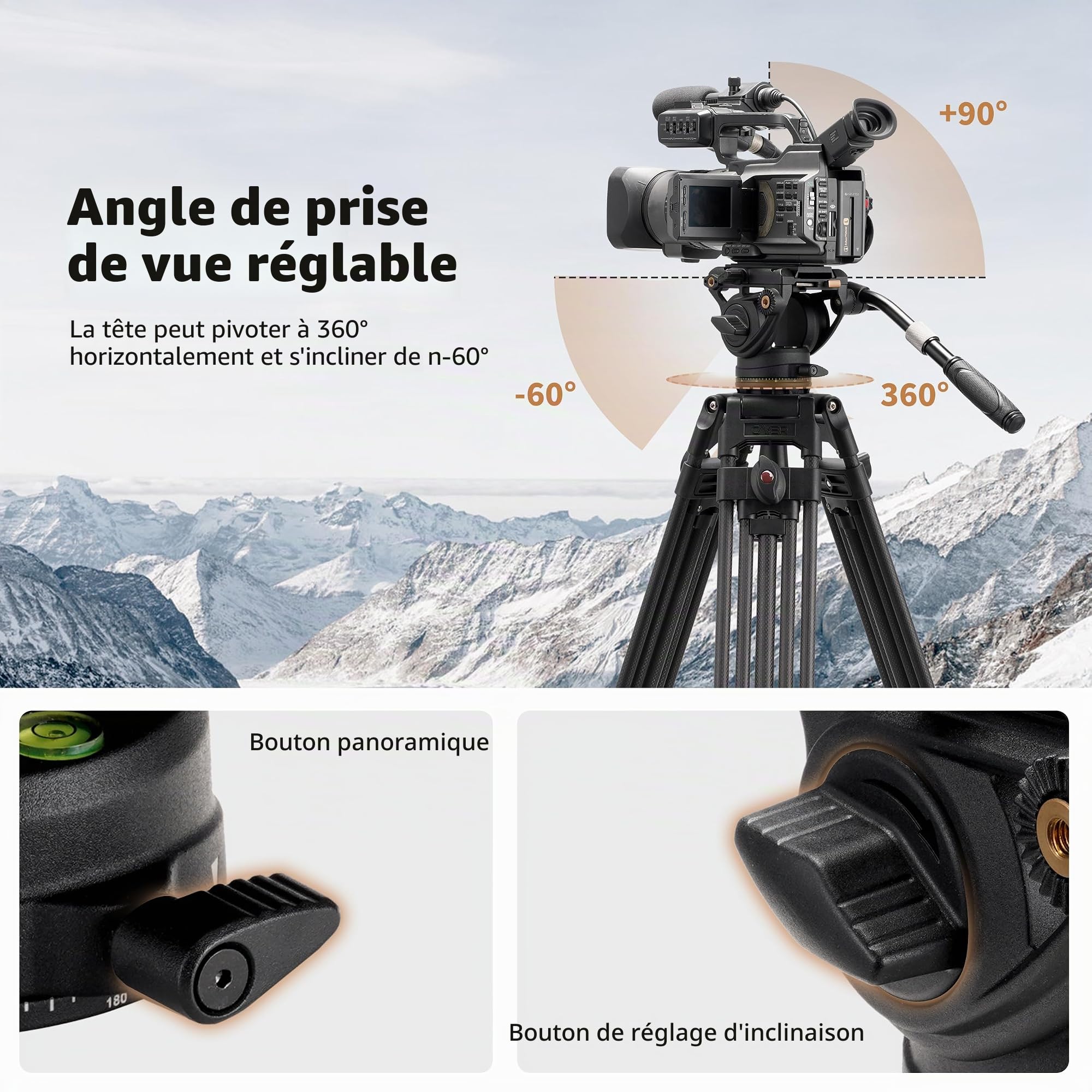 Cayer K6 Tête Fluide Trépied Vidéo pour Appareil Photo Reflex Canon Nikon Sony Olympus, Vis 3/8" 1/4", Poignée 2 Sections