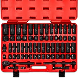 NEIKO 02448A 1/2" Drive Master Impact Socket Set, 65 Piece, Standard SAE (3/8"-1-1/4") & Metric (10-24 mm) Sizes, Deep & Shallow Kit, Includes Adapters & Ratchet Handle