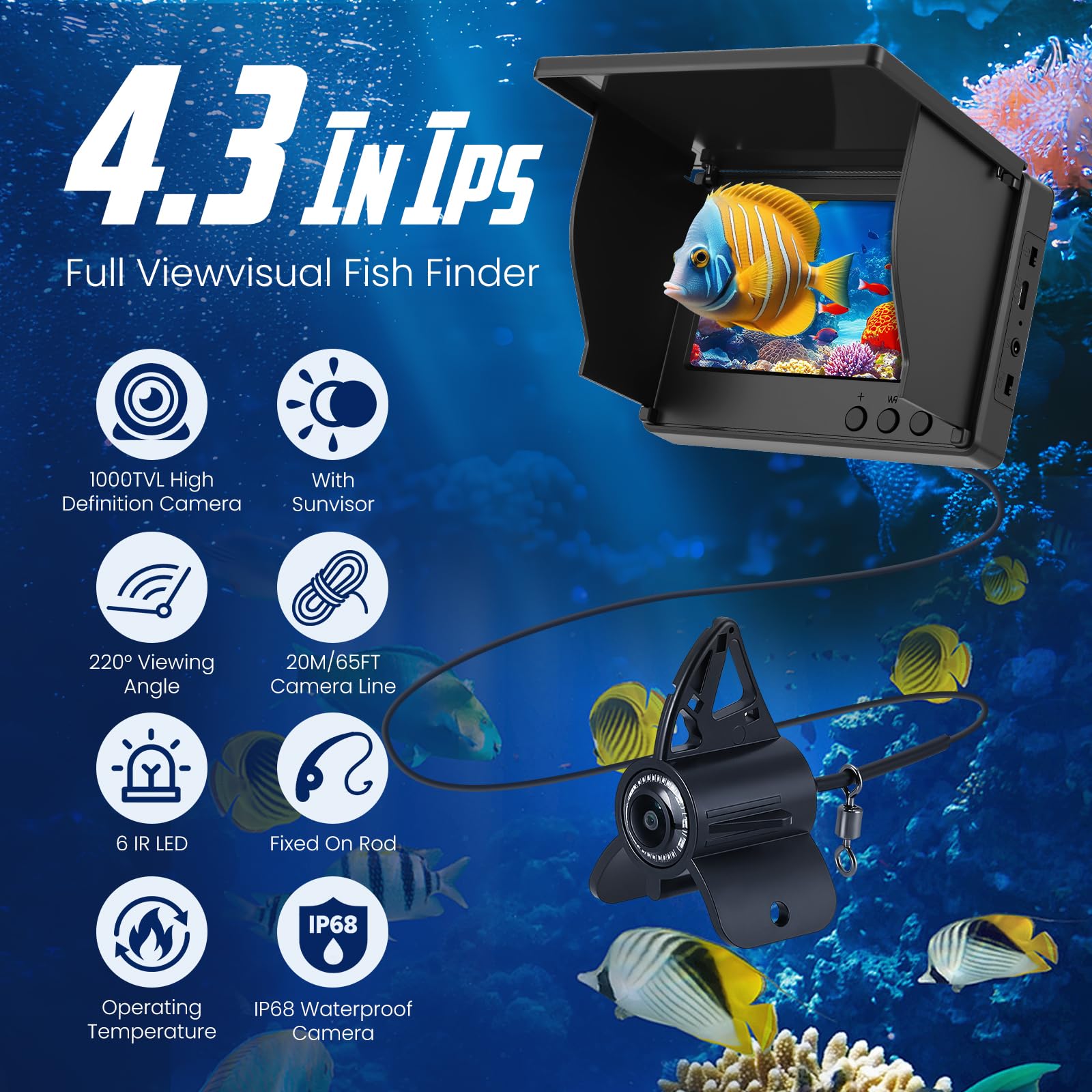 Unterwasserkamera für Angeln, Fishfinder mit 4,3" IPS-Bildschirm & 30m Kabel, Nachtsicht-Infrarot, Weitwinkel, IP65 wasserdicht, für Eisangeln, See, Fluss, Meer und Boot