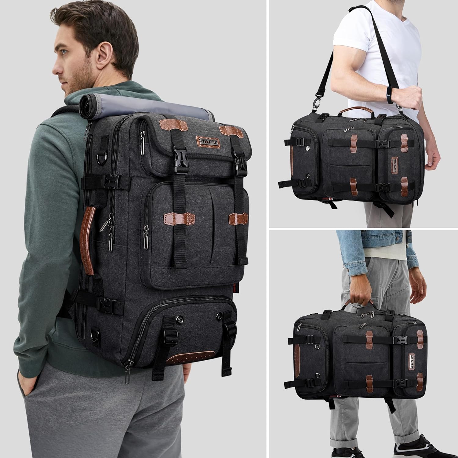 WITZMAN Travel Backpack for Men 40L Large Carry-on Airline Approved Convertible 3 in 1 laptop Bags Fit 17 inch(A8013 Black) - Image 2