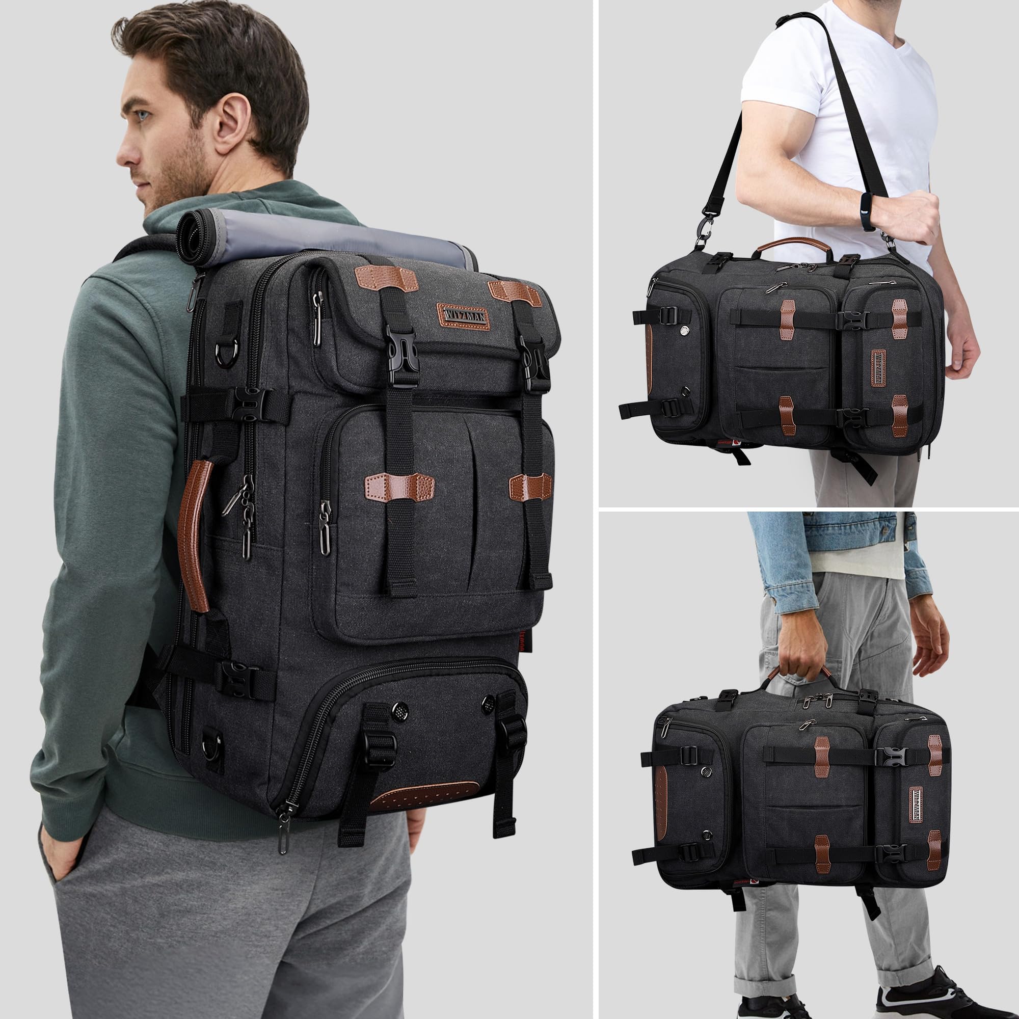 WITZMAN Canvas Reiserucksack Herren 40L Vintage 3-in-1 mit Laptopfach | USB-Anschluss, mehrere Fächer und flexible Tragemöglichkeiten, ideal für Reisen, Arbeit und Kurztrips, A8013 Schwarz