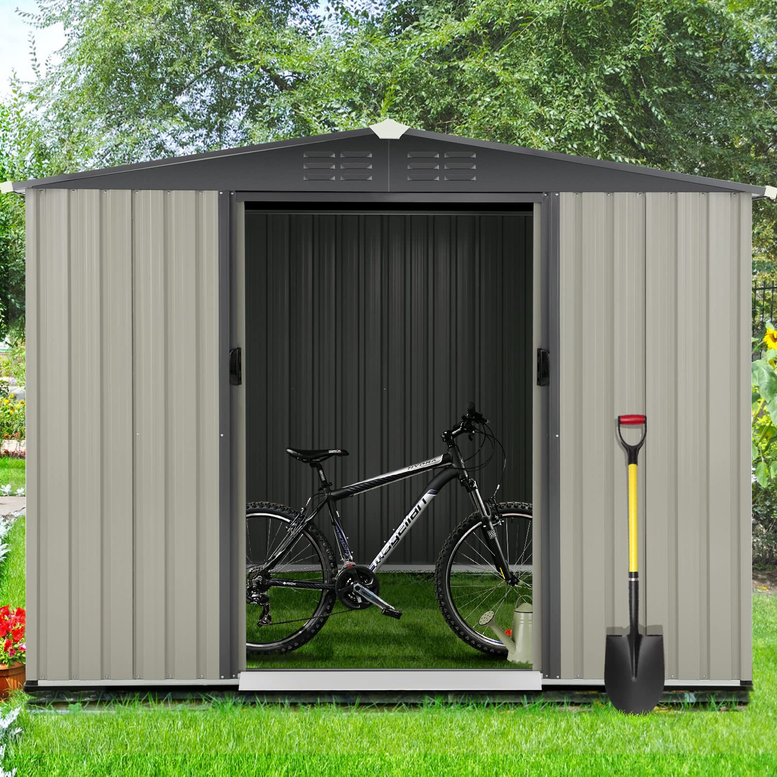 YODOLLA 8x6 ft Outdoor Storage Shed, Bike Tool Garden Metal Sheds Wth Sliding Door Galvanised Steel Garden Storage Grey
