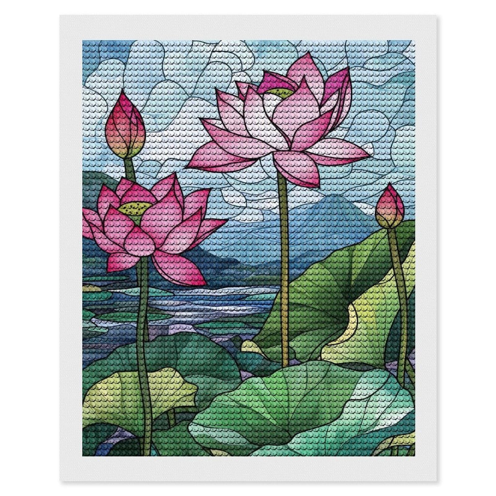Junmoney Lotus Flowers in Stained Glass Diamond Painting Set 16"x20", for Beginners, Modern Decor, Simple to Start, Gift Idea, Pleasing Wall Art Project