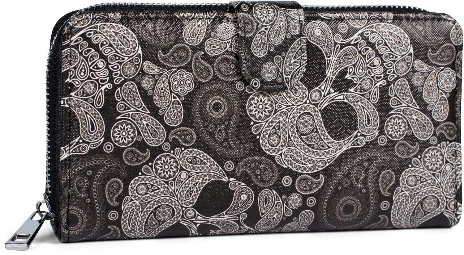 Ladies Wallet with Skull Paisley Print, Zip and snap Fastener, Wallet 02040135, Colour:Black-White