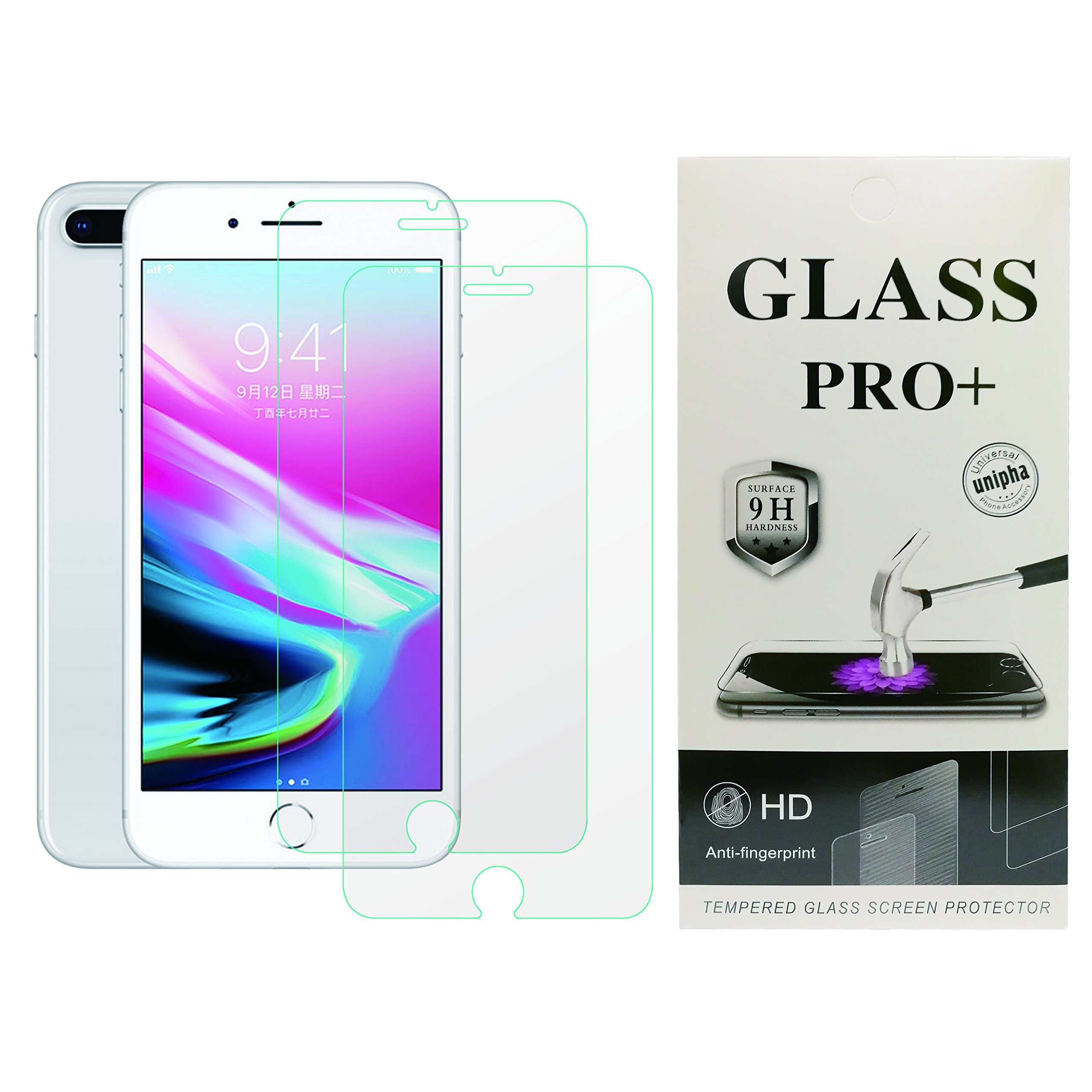 [2-PACK] [Adhesive] Tempered Glass Screen Protector for iPhone 7 Plus, 8 Plus. Protects Against Chips, Scratches, Cracks, Easy to Clean, 2 Screens, 2 Dry Cloths, 2 Wet Cloths, 2 Dust Absorbers [Prime]