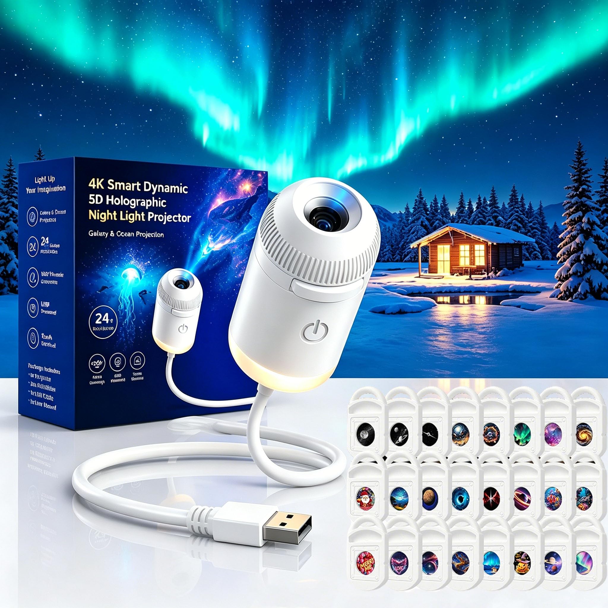 Christmas Projector Indoor, 360° Plug and Play Hd Christmas Scene Projector, with 6/24 Festive Projection Films, USB Halloween Projection Light for Wall, Ceiling, Party (24PCS-Sky)