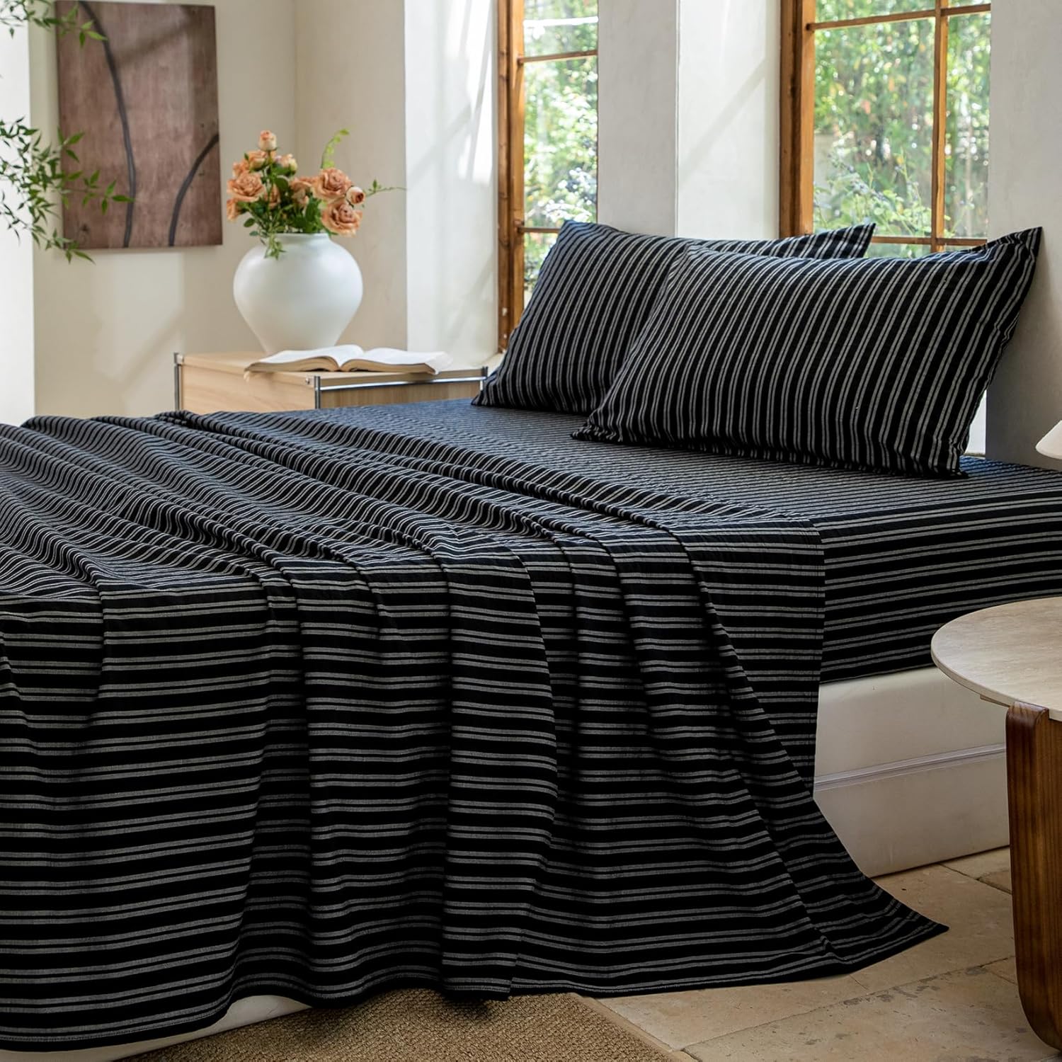 Striped Bedding Sheet Set 4 Pcs,100% Washed Cotton Linen Like,1 Fitted Sheet,1 Flat Sheet and 2 Pillowcases,Comfy Textured Sheet Set(Strip-Black/White,Queen)