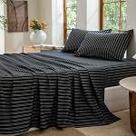 Striped Bedding Sheet Set 4 Pcs,100% Washed Cotton Linen Like,1 Fitted Sheet,1 Flat Sheet and 2 Pillowcases,Comfy Textured Sheet Set(Strip-Pine Bark Brown/Black,King Size)