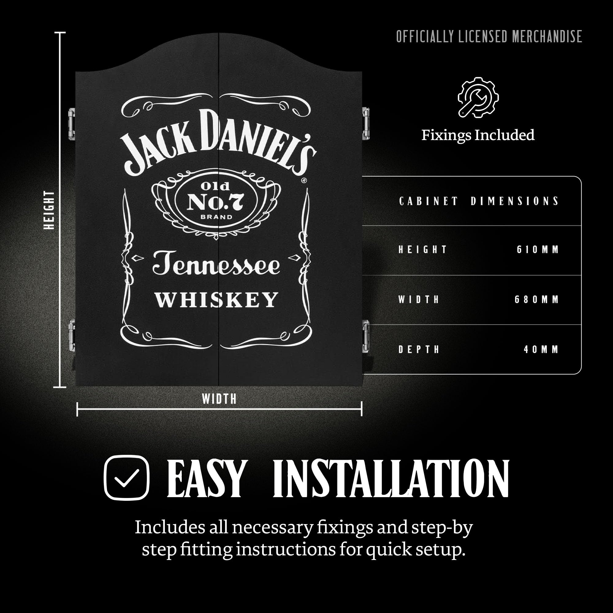 Jack Daniel's Armadietto per bersaglio in legno nero con licenza ufficiale | JD Logo CAB014