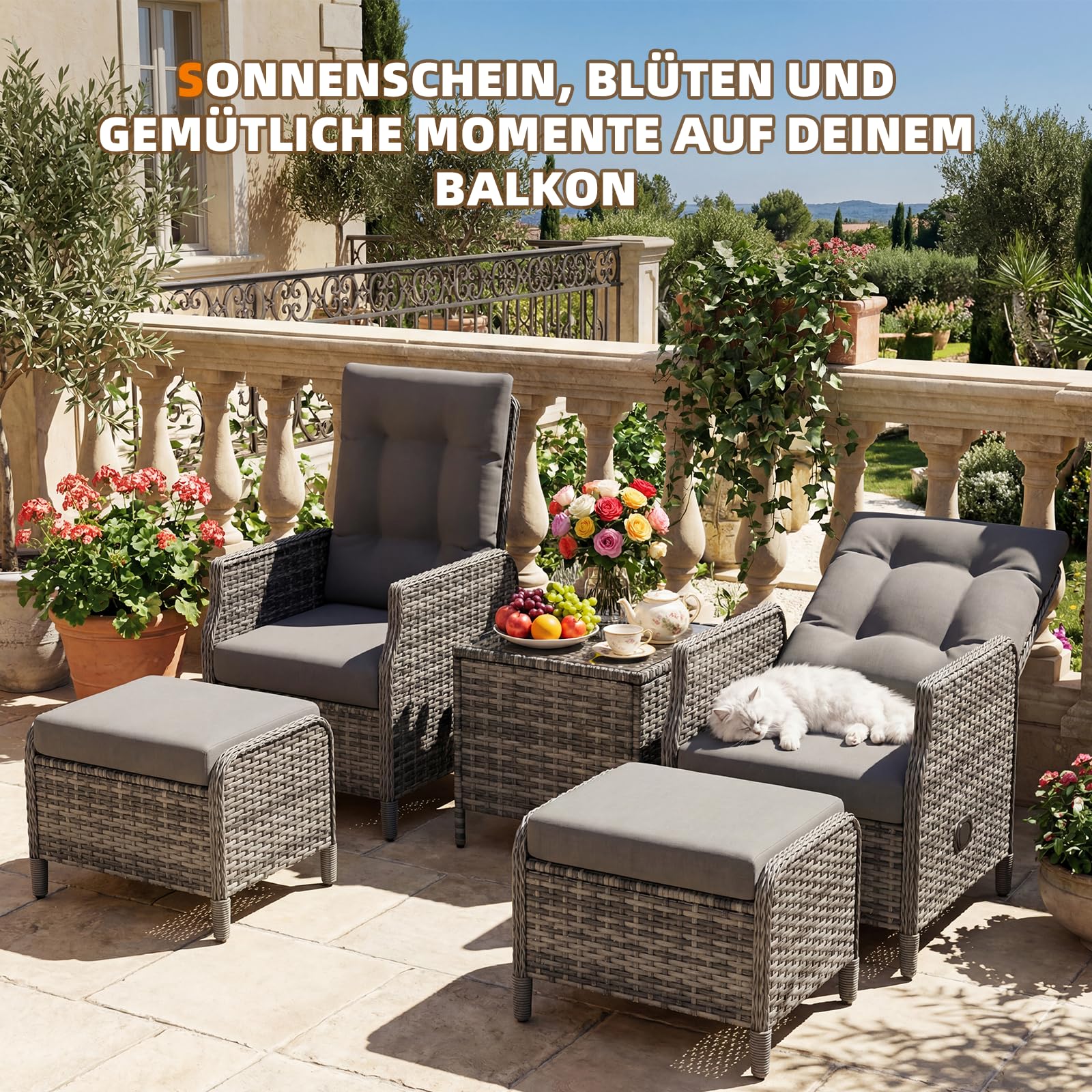 UDPATIO Rattan Gartenmöbel Set 5-teilig mit Verstellbaren Sessel, Fußhocker und Couchtisch | Lounge Möbel Outdoor Set | Balkonmöbel Kleiner Balkon | Wetterfest Terrassenmöbel | Dunkelgrau