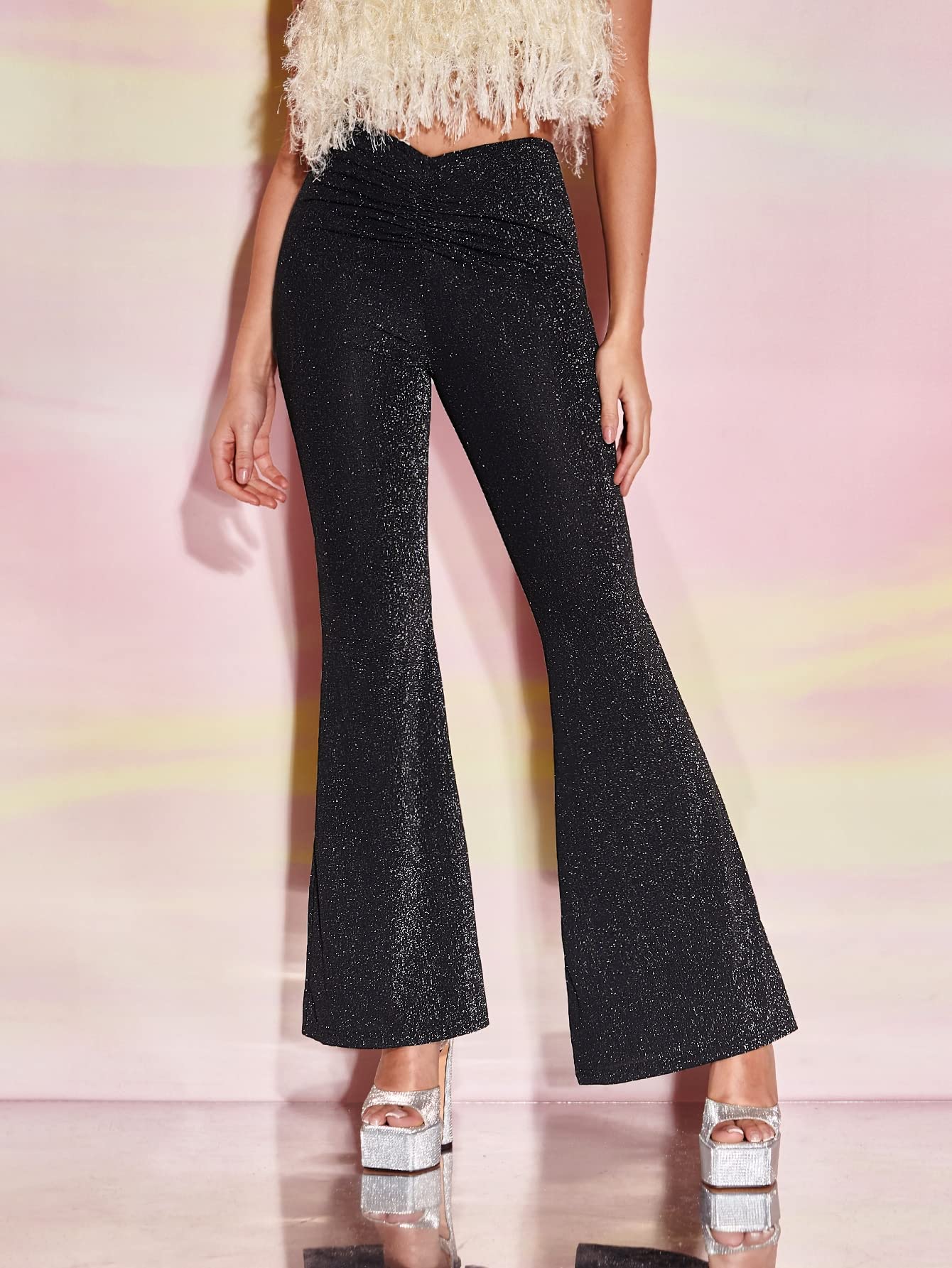 REDESYN Pants for Women Womens Pant Ruched Front Glitter Flare Leg Pants Pants Color Black Size Medium