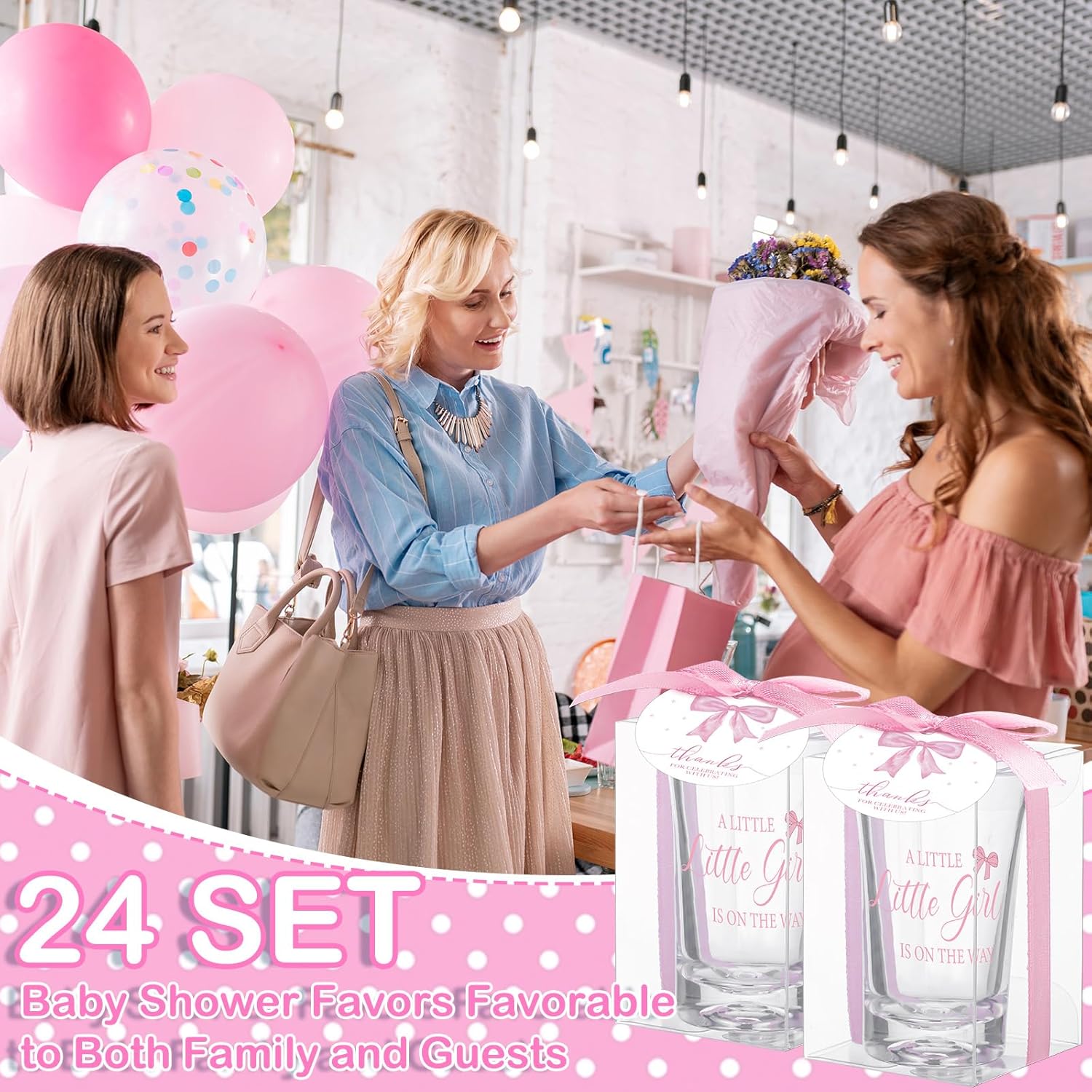Roshtia 24 Sets Bow Baby Shower Favors for Guests Boy Girl Gifts Include A Sweet Little Girl is on the way Shot Glasses Thank You Tags Organza Bags Twine for Baby Shower Party Supplies
