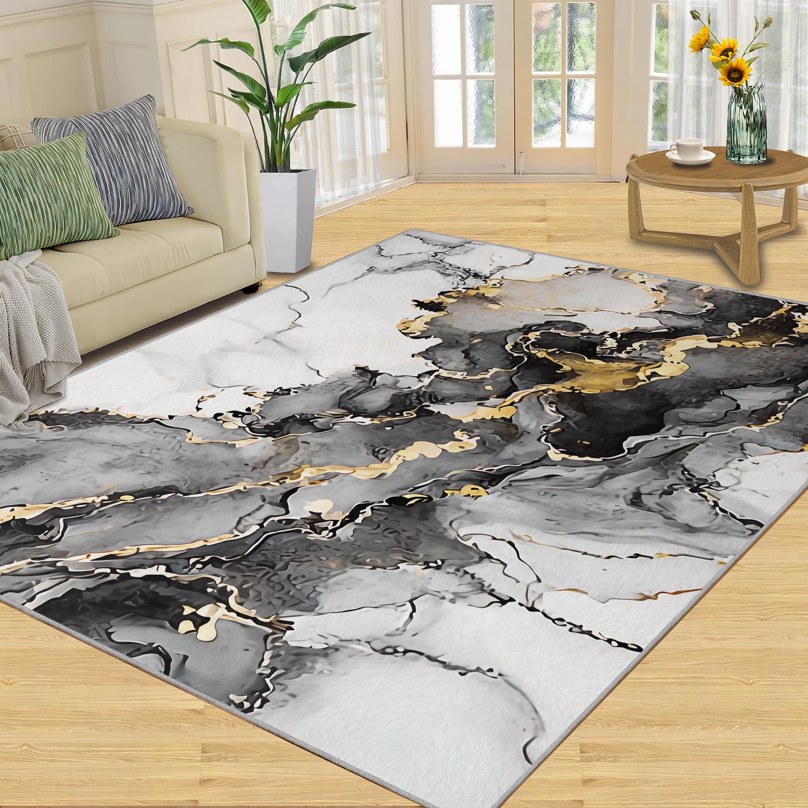 QDJKBL Luxury Black and White Abstract Marble, Area Rugs 70 X 120 Cm Gradient Color Ink Oil Painting Graffiti Apartment Carpet, Low Pile Rug Fast Drying for Living Room