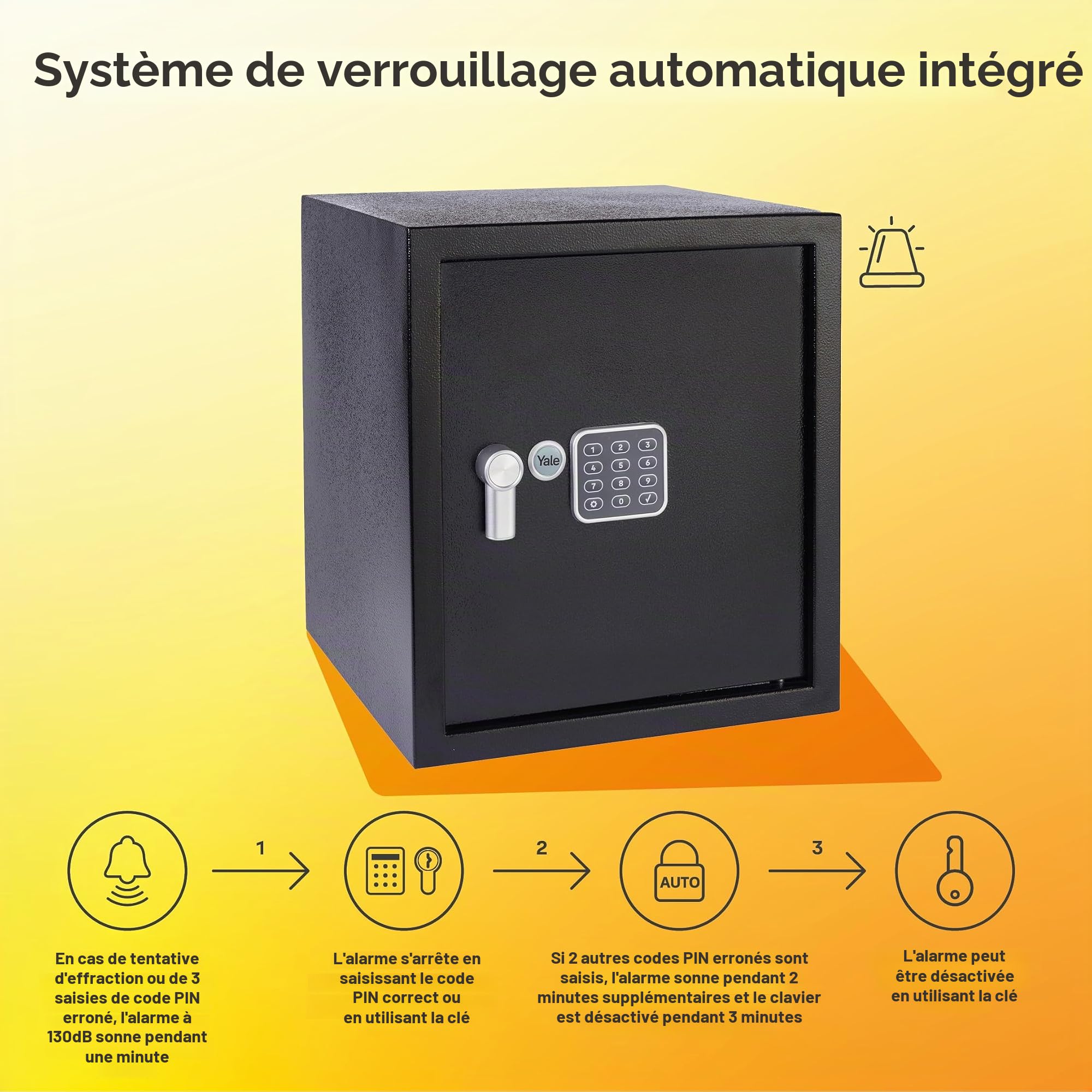 Yale Coffre-Fort Électronique à Alarme - Large 40L - Sirène 130 DB - Serrure 100 000 Combinaisons, verrou électronique Code 3 à 8 Chiffres - Dimensions 39x35x36cm YEC/390/DB2