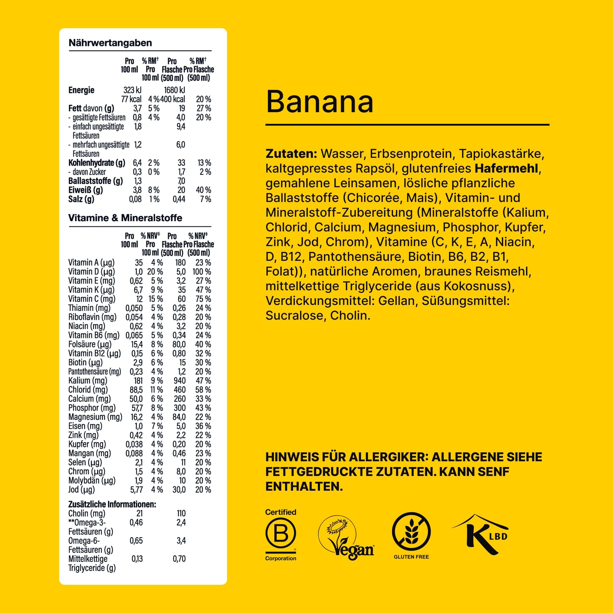 Huel Drink Banana, fertige Trinkmahlzeit für unterwegs - 8 x 500 ml - 20 g Protein, Reich an Vitaminen, Mineralstoffen & Ballaststoffen, Plant-based, Geschmack Banane, inkl. 2 € Pfand