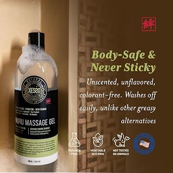 XESSO Nuru Massage Therapy Gel 33.8 Fl Oz, Waterbased Concentrate for Full-Body Massage, Unscented Non-Staining for Sore Muscles & Dry Skin, Seaweed & Grape Seed Extract Enriched, Made in USA