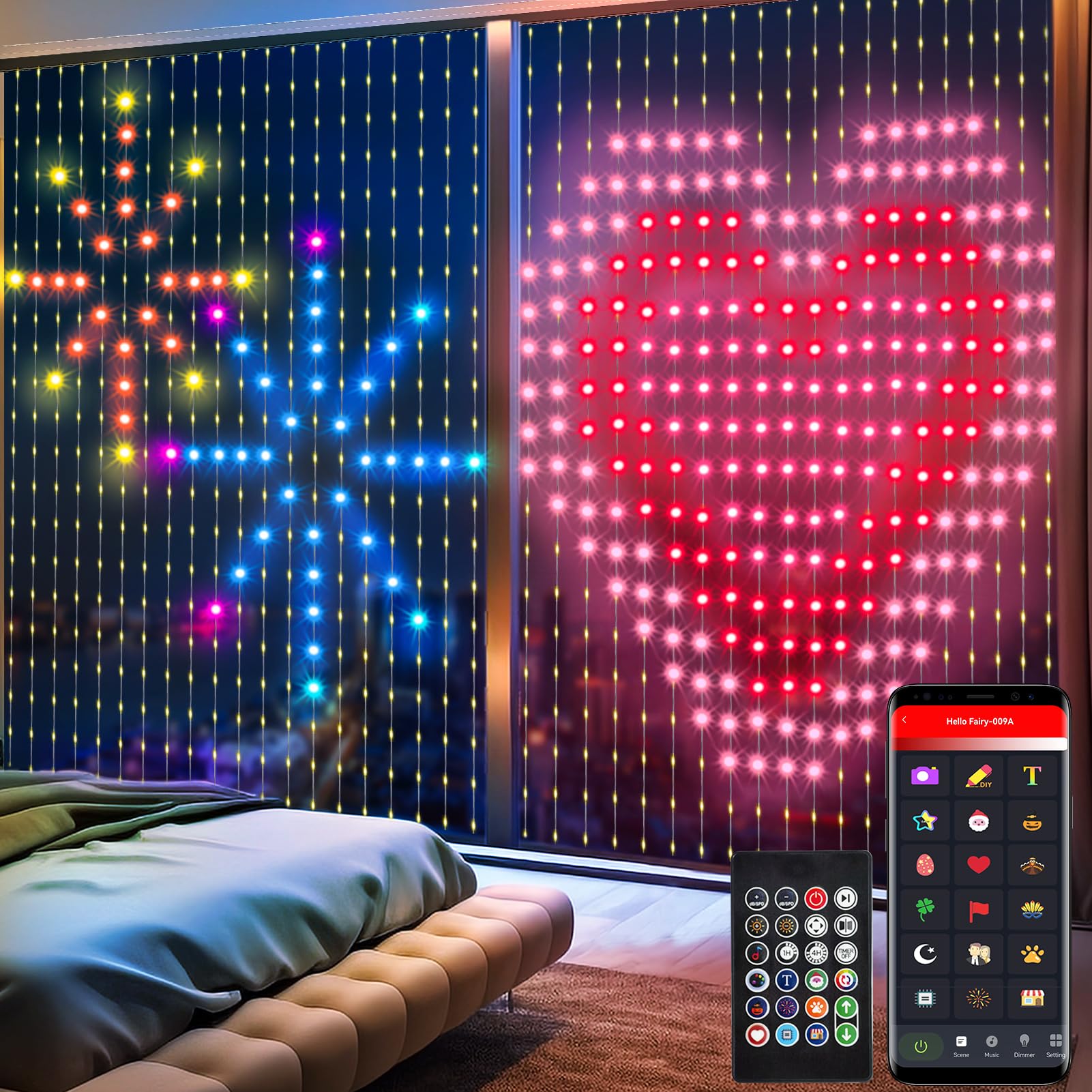 DBFAIRY Luces de cortina inteligentes, 2 m x 2 m, 400 LED RGB, luces de cortina con chip integrado con aplicación, control remoto, sincronización de música, bricolaje dinámico para telón de fondo