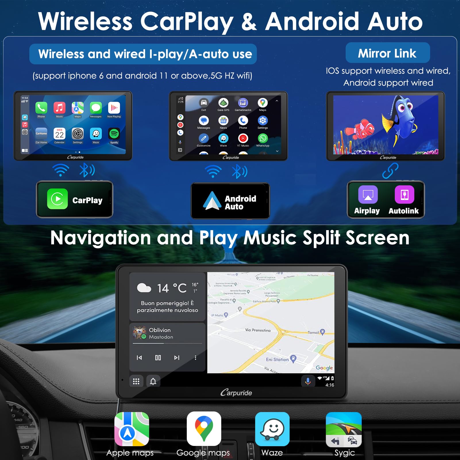 CARPURIDE Wireless Car Radio 7 PolliciPortable Video Player - Dettaglio