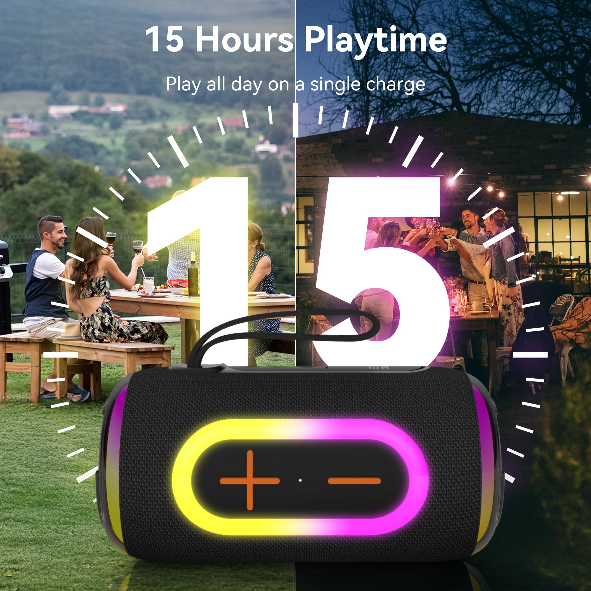 Oraolo Bluetooth Speaker, Portable Speaker with 24W Loud Stereo Sound, Colorful RGB Lights, TWS Pairing, Bluetooth 5.4, 15H Playtime, Support AUX/TF Card, Wireless Speaker for Party Home Camping - 5