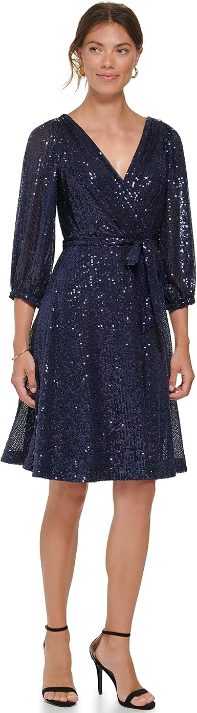 DKNY Women's Long Sleeve Sequin Surplice Faux Wrap