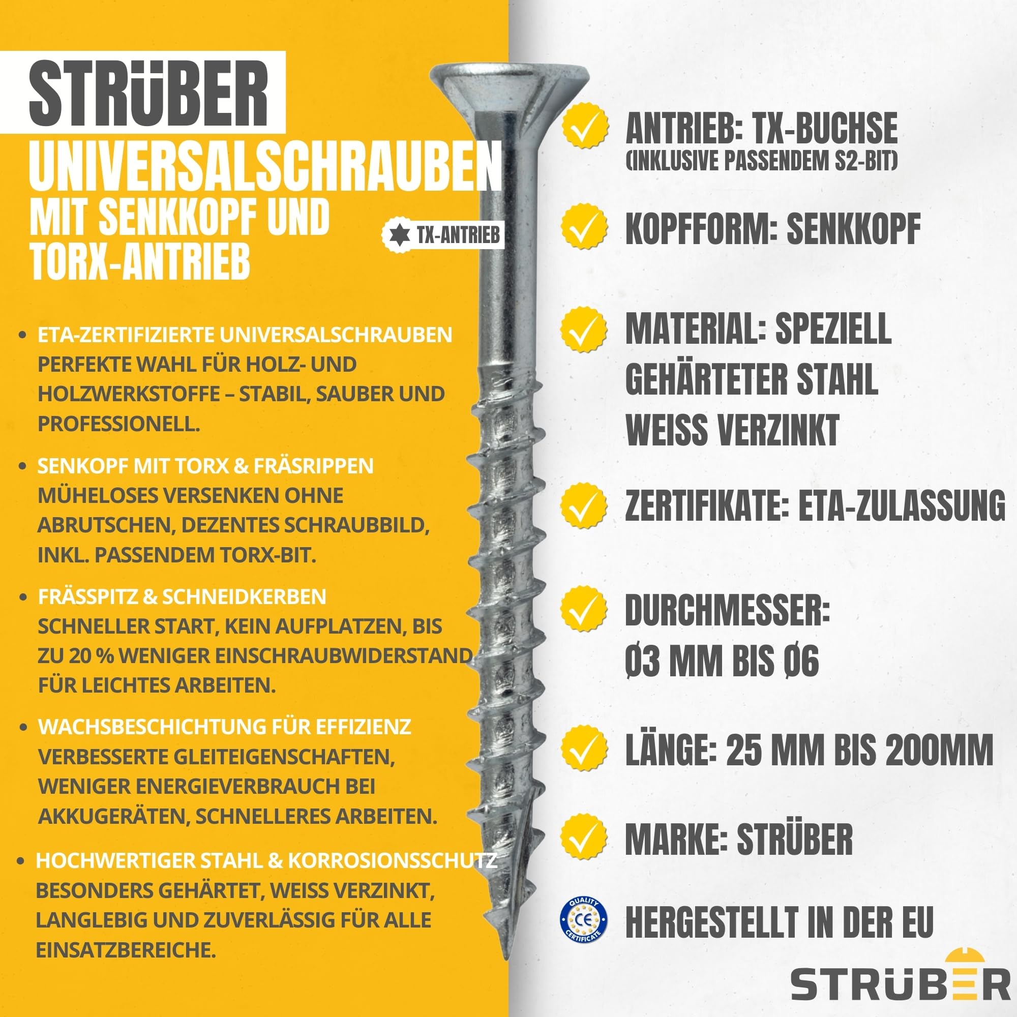 STRÜBER Universalschrauben mit Senkkopf und Torx-Antrieb (Ø4,0 x 50 mm / 200 Stk.) verzinkte Holzschraube - Spanplattenschrauben – Teilgewinde & Cutspitze - TX-Bit inkl - ETA