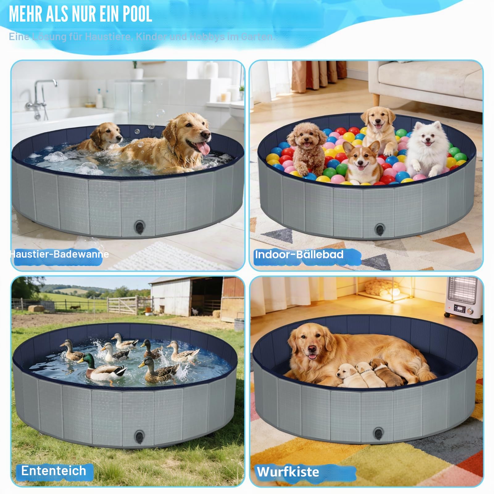 Hundepool – Faltbarer Pool 100x30, 2026 Verbesserte 5mm PP-Platte und Verdickter Boden, Tragbare Rutschfestes Hundeplanschbecken für Große Mittelgroß Kleine, Ideal für Innen & Außen (Grau)