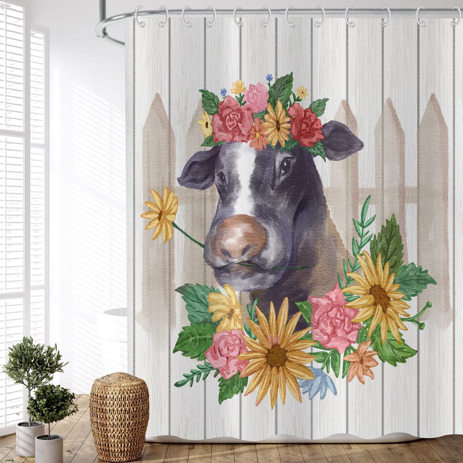ASDCXZ Shower Curtain Cow Funny 90x180 cm, Hand Painted Farm Funny Motif Colorful Flower Leaves Washable Shower Curtains Anti Mould Polyester Textile Waterproof Curtain for Bathtub with 6 Hooks โ image 1