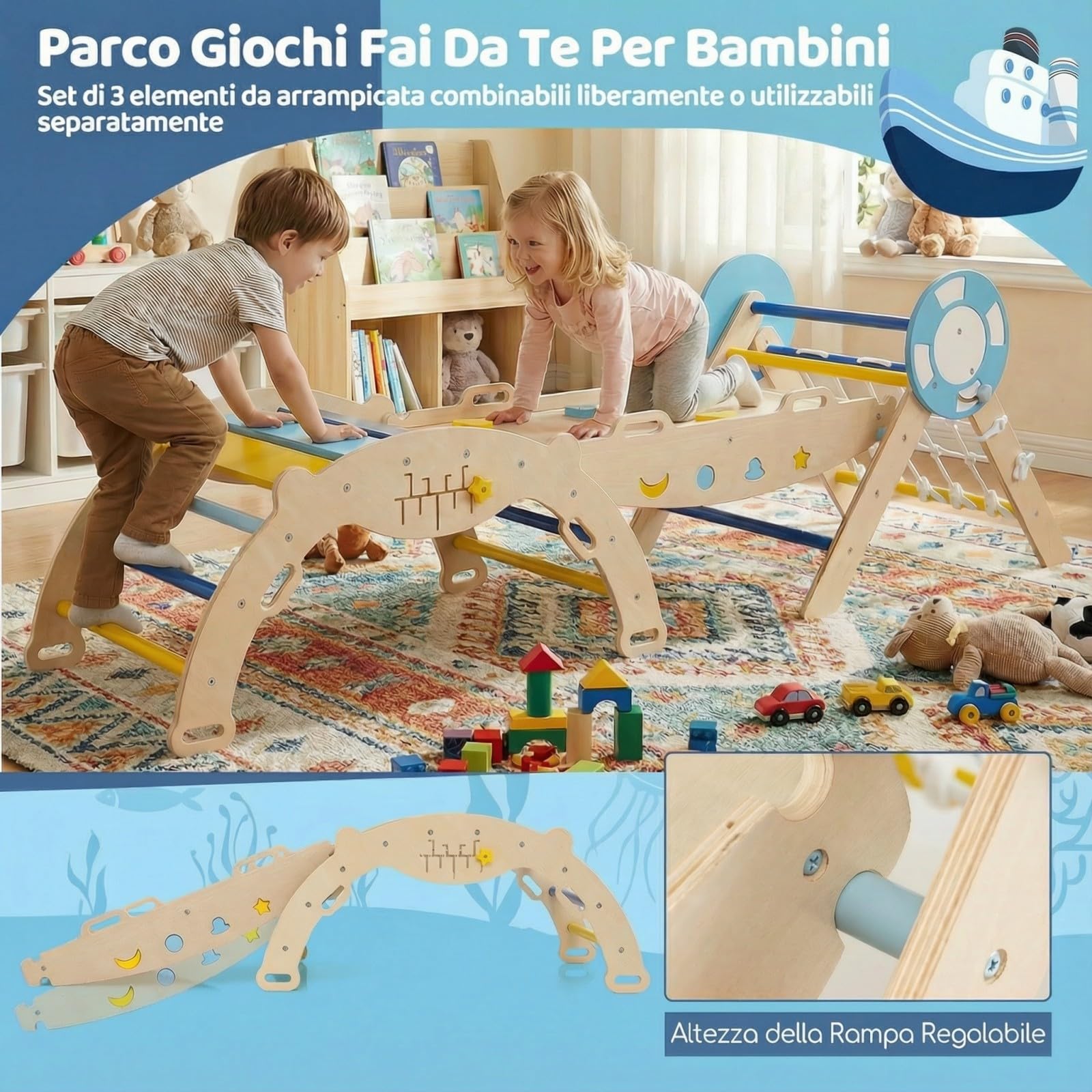 RELAX4LIFE Set da Arrampicata per Bambini, Triangolo di Arrampicata con Scivolo e Arco, Gioco di Incastri in Legno (Marinaio con Rete-3 Pezzi | Macaron)