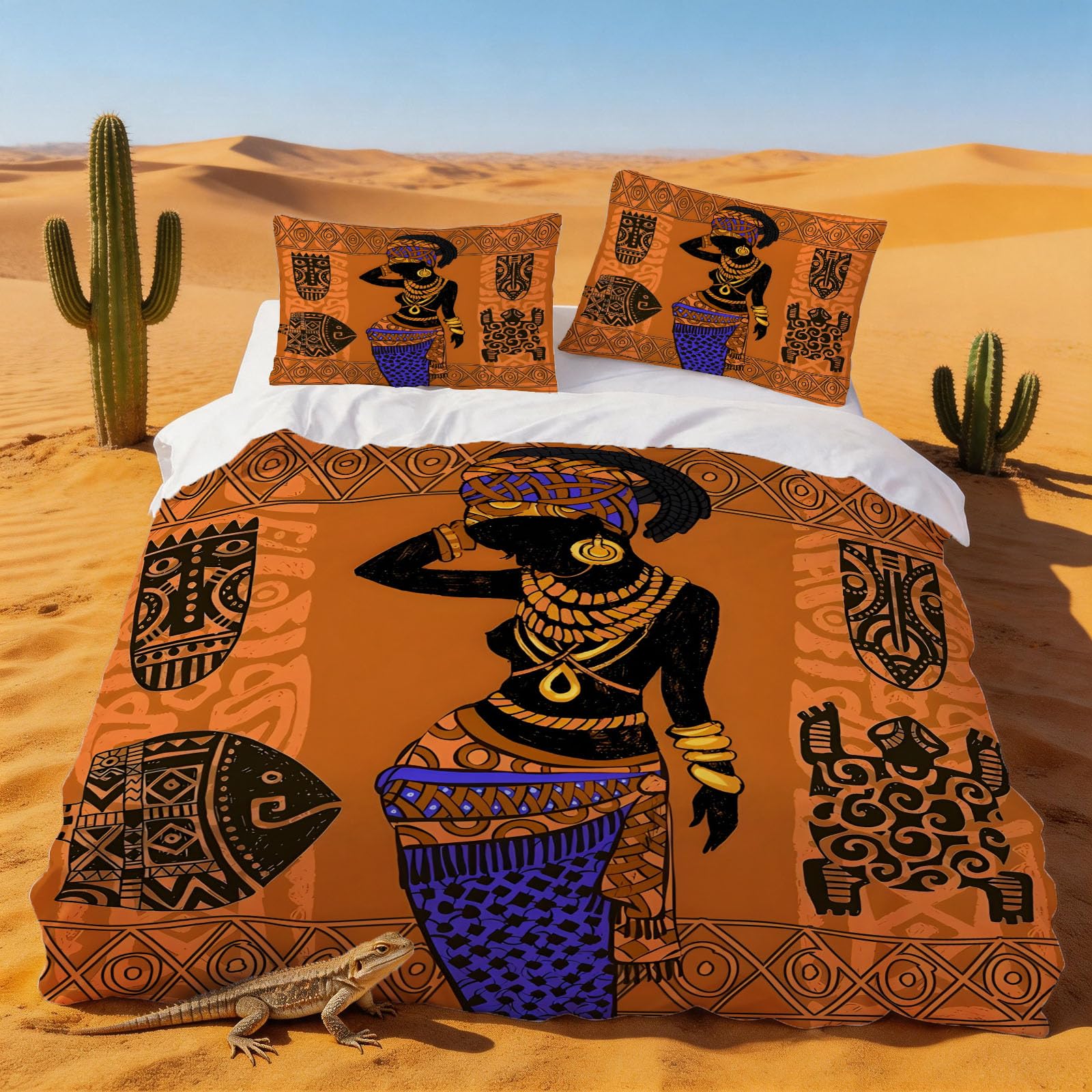 Set de Housse Couette Microfibre Doux 220x240 avec Motif Tribal Rétro Africain