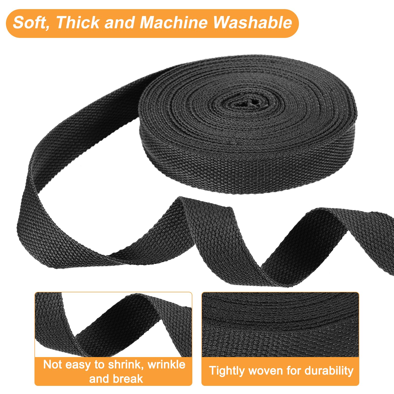 sourcing map Cotton Webbing 1 Inch 11 Yard Polyester Cotton Weave Webbing Strap Twill Tape Ribbon for Arts and Crafts Webbing Tote Bag Handles Cloth Belt Making Outdoor Supplies, Black - Image 3