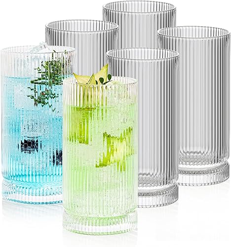 Juego de 6 vasos vintage para beber, cristalería acanalada de 16 onzas, vasos altos estilo origami, cristalería acanalada para cóctel, vasos de