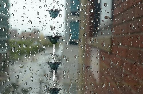 Miniatura 9 de Cadenas de lluvia de hierro de color azul antiguo de loto de 8.5 pies para canalón y barril de lluvia, cadena de lluvia chapada resistente al óxido