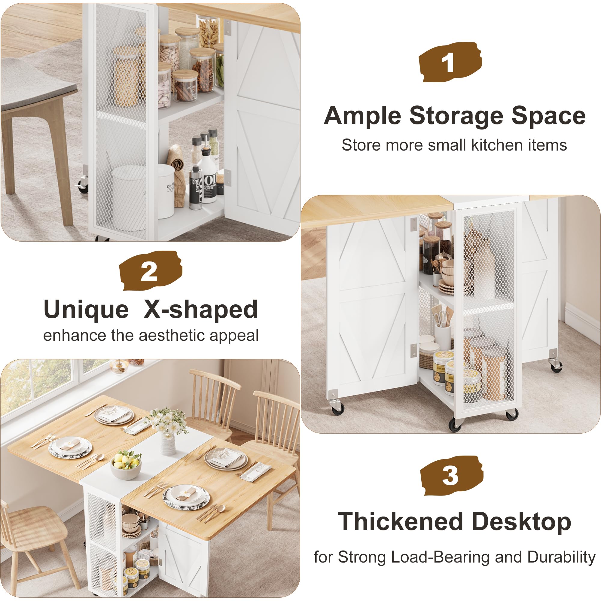 Jocoevol Esstisch Klappbar Küchentisch für 2-4 Personen, Klapptisch mit Trennwand und zweilagigem offenem Regal, Ausziehbar mit Rollen für Küche & Esszimmer, 120x60x76 cm, Ahorn + Weiß