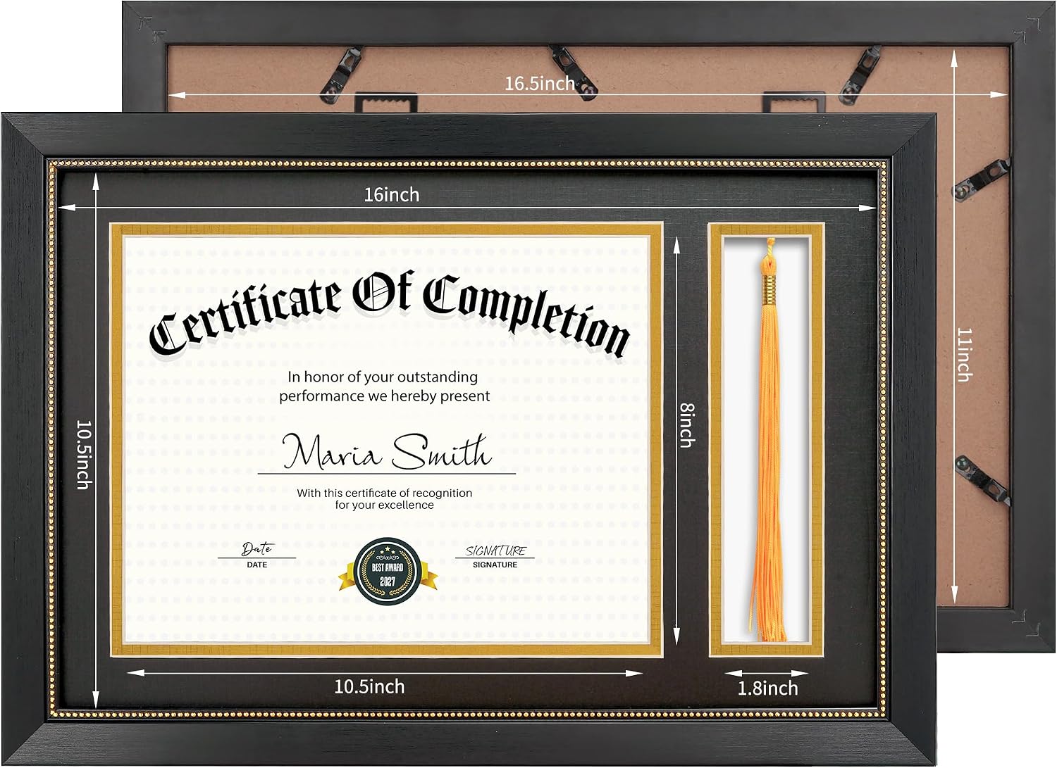11x16.5 Diploma Frame with Tassel Holder for 8.5x11 Certificate Document, Black Diploma Frame with Real Glass, Black Over Gold Double Mats, Display 8.5x11 diploma and One Tassel