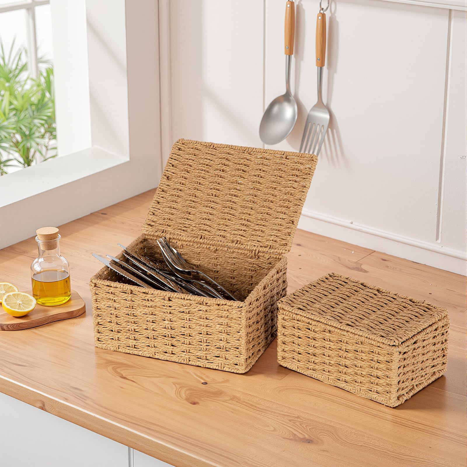Cestini Portaoggetti con Coperchio,Cesto Vimini Piccolo Bambini Cesto in Corda di Carta Cestino porta Giocattoli Cestino da Bagno,per Camerette, Bagno, Cassetti, Cucine, Soggiorno