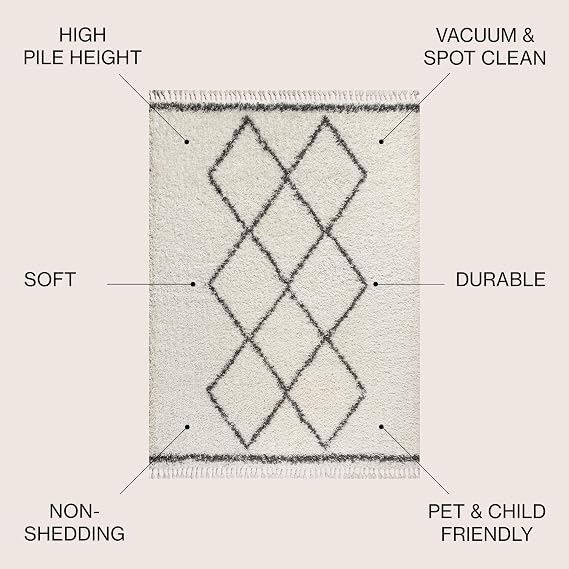 JONATHAN Y Mercer Shag Plush Tassel Cream/Gray Indoor Area Rug, 3x5, Moroccan Geometric Trellis, Bohemian, Easy-Cleaning for Living Room, Bedroom, Kitchen, Pet Friendly, Non-Shedding (MCR103B-3)