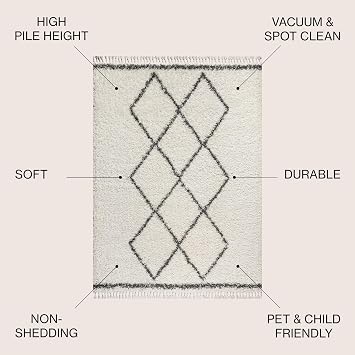 JONATHAN Y Mercer Shag Plush Tassel Cream/Gray Indoor Area Rug, 3x5, Moroccan Geometric Trellis, Bohemian, Easy-Cleaning for Living Room, Bedroom, Kitchen, Pet Friendly, Non-Shedding (MCR103B-3)