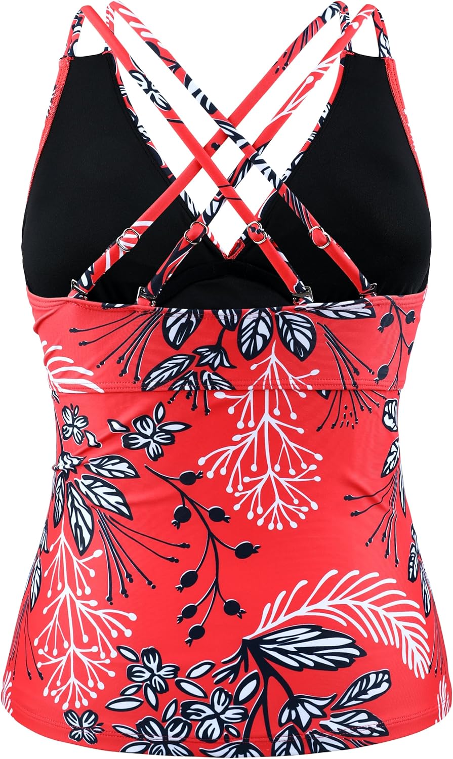 Firpearl Women's Underwire Tankini Top Only Tummy Control Bathing Suit V Neck Push Up Crossover Swimsuit Top - Image 7