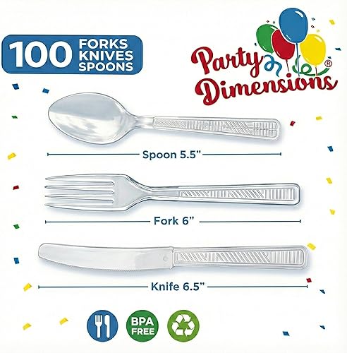 Miniatura 2 de Party Dimensions Caja combinada de cubiertos de plástico de 300 unidades, juego de cubiertos desechables de plástico transparente, 100 tenedores,