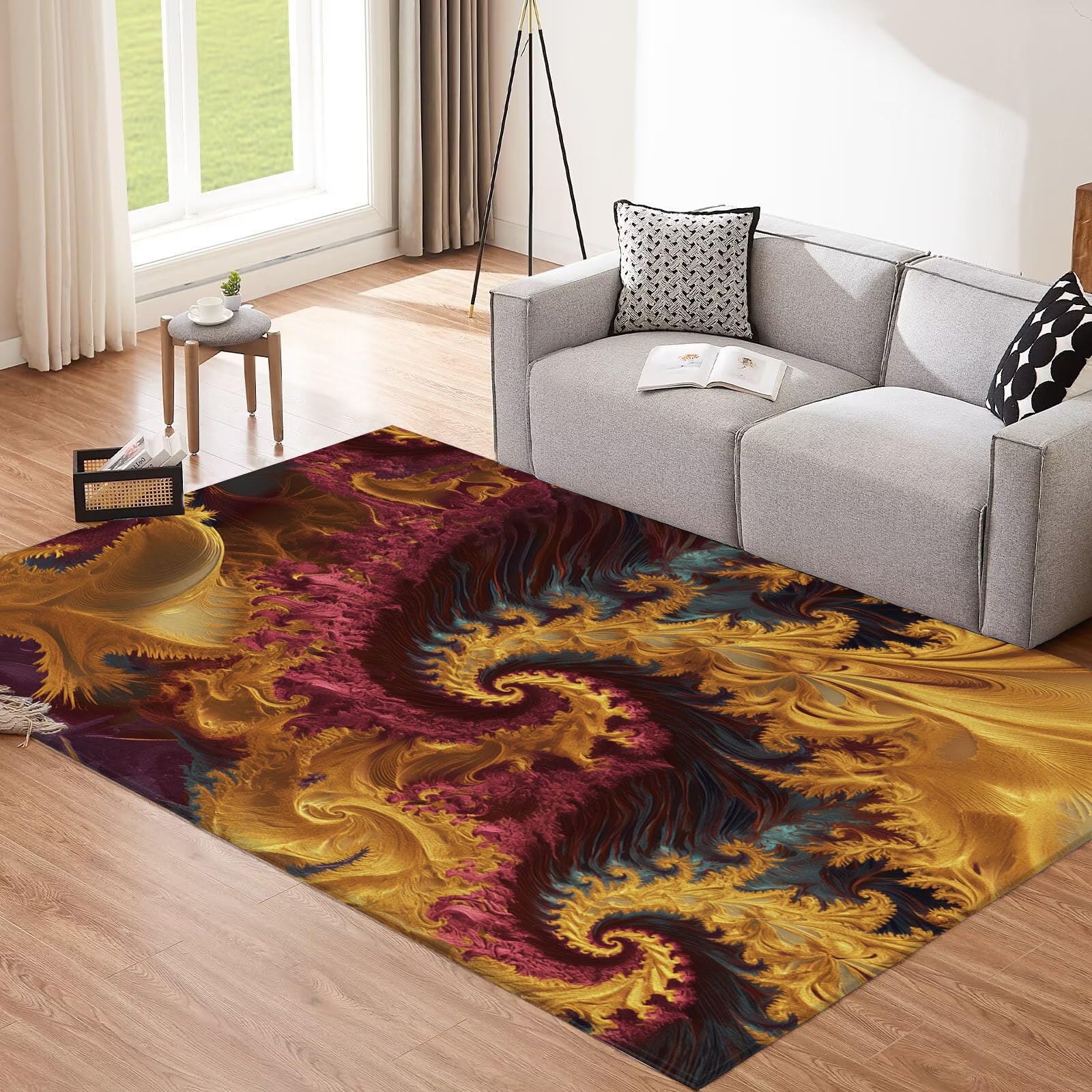 Abstrakte Textur Teppich Wohnzimmer 80x150cm, Kurzflor Weich rutschfest Waschbare Teppiche, Senfgelb Graffiti Deko Teppich Größe Bettvorleger Schlafzimmer Kinderzimmer 80x150cm